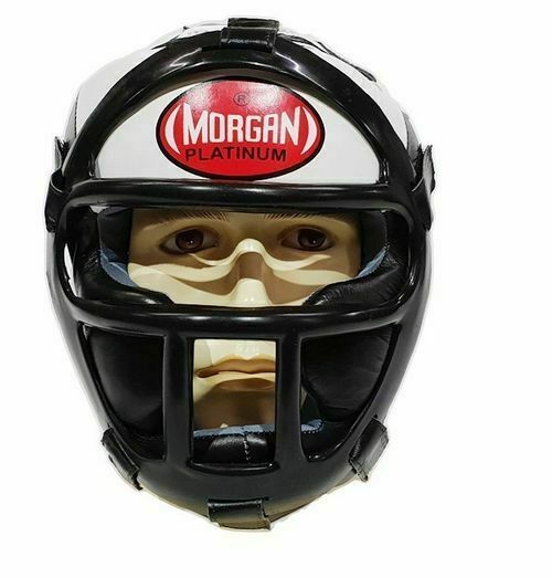 MORGAN Leather Head Guard With Removable Grill Muay Thai Boxing MMA - BLACK/WHITE