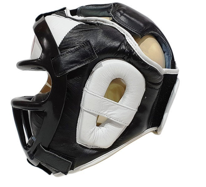 MORGAN Leather Head Guard With Removable Grill Muay Thai Boxing MMA - BLACK/WHITE