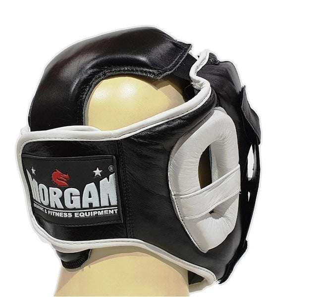 MORGAN Leather Head Guard With Removable Grill Muay Thai Boxing MMA - BLACK/WHITE