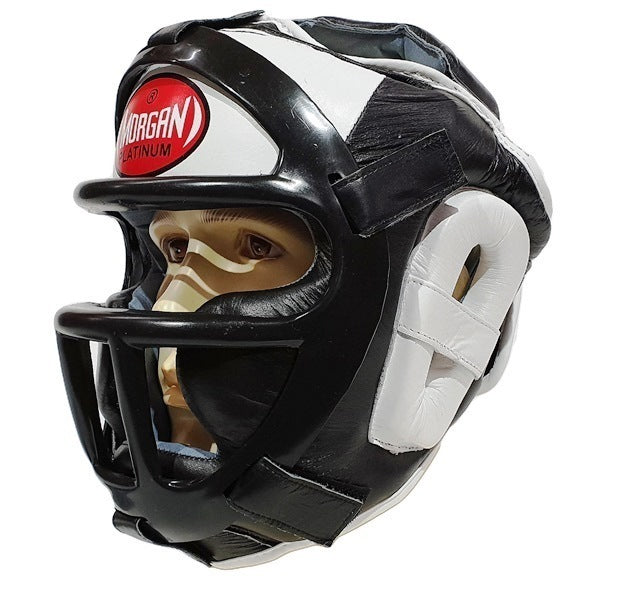 MORGAN Leather Head Guard With Removable Grill Muay Thai Boxing MMA - BLACK/WHITE