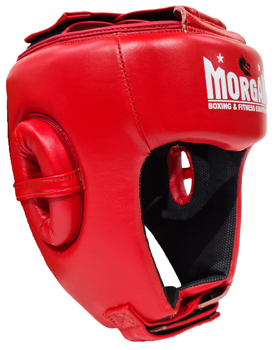 MORGAN Platinum Open Face Leather Head Guard Protector - Boxing Head Guard - RED