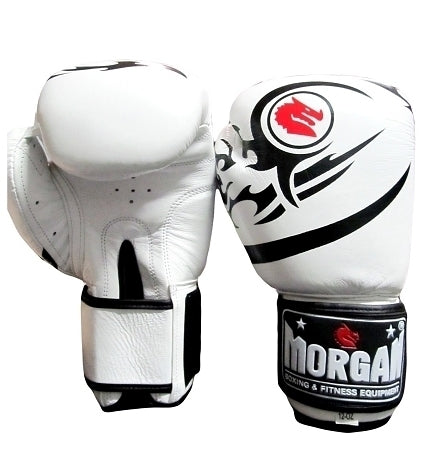 MORGAN Elite Boxing & Muay Thai Leather Gloves (8 -12 & 16Oz) - white